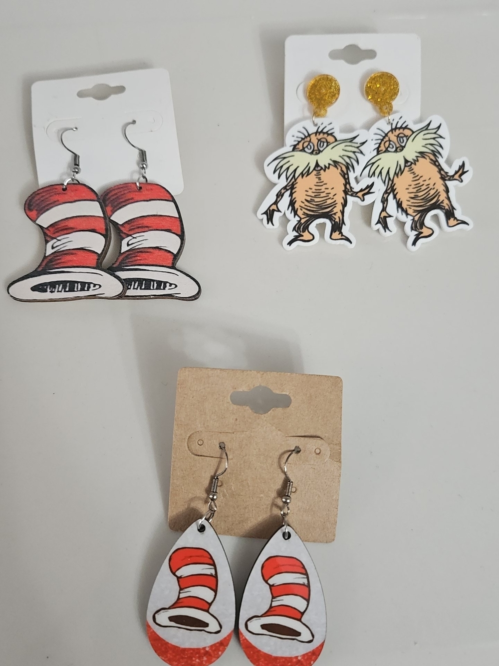 New Dr. Seuss Cat in the Hat Red & White Hat Earrings - Set of 3